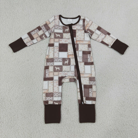 NEW RTS NO MOQ milk silk LR3118 Baby Boys Wild Ducks Dogs Deer Animal Camo Print Two Way Full Zip Convertible Long Sleeve Romper