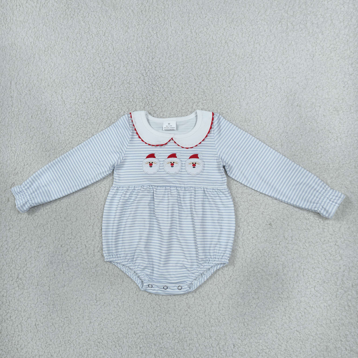 NEW RTS NO MOQ milk silk LR3136 Embroidery Santa Baby Girls Blue Stripe Christmas Ruffle Rompers