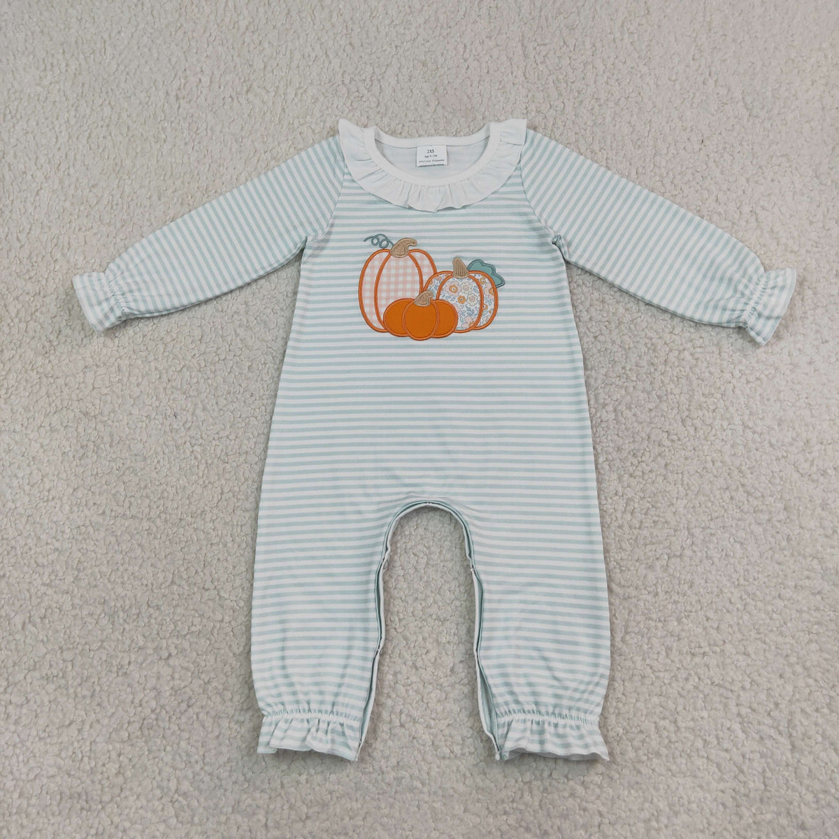 NEW RTS NO MOQ milk silk LR3137 Embroidery Flower Pumpkins Baby Girls Green Stripe Fall Pant Rompers