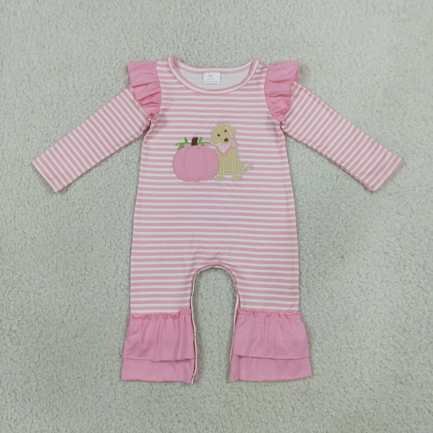 NEW RTS NO MOQ milk silk LR3140 Embroidery Baby Girls Pink Stripe Pumpkin Dog Print Long Sleeve Ruffle Fall Romper