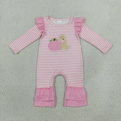 Sibling Baby Girls Pink Stripe Embroidery Dog Pumpkins Tunic Leggings Fall Set Rompers