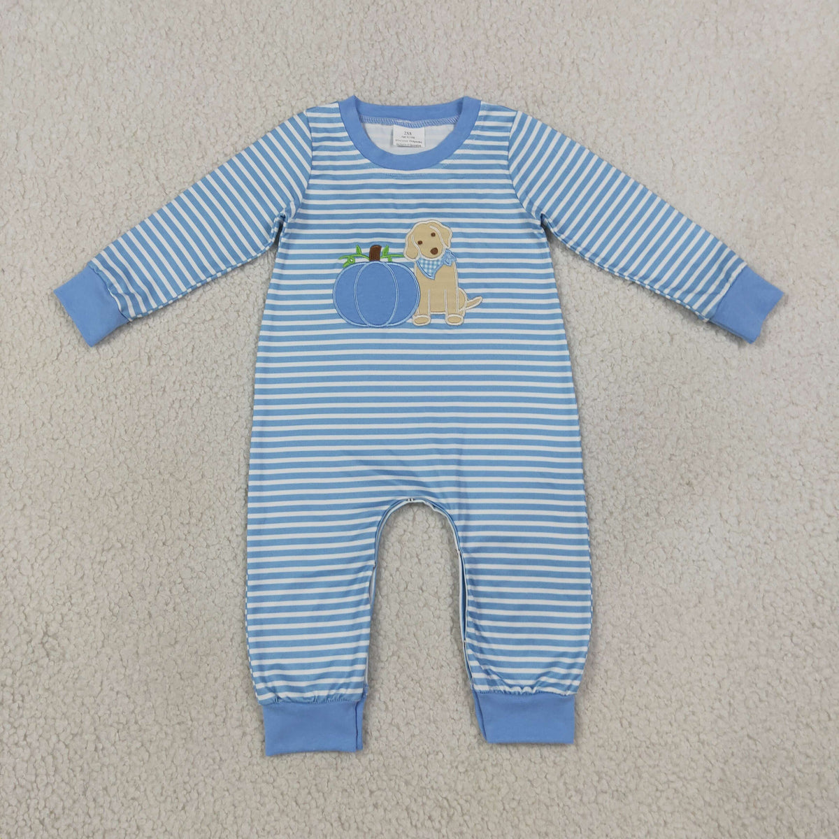 NEW RTS NO MOQ milk silk LR3141 Embroidery Pumpkins Dogs Baby Boys Blue Stripe Fall Pant Rompers
