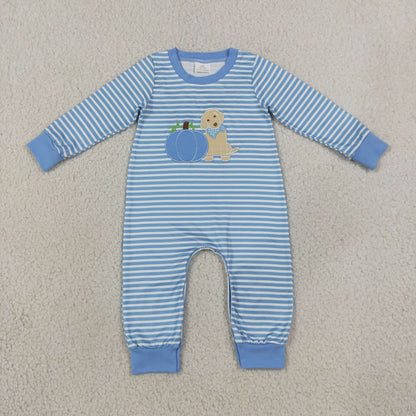 RTS NO MOQ Sibling milk silk Baby Kids Embroidery Dog Pumpkins Stripe Tunic Leggings Fall Set Rompers