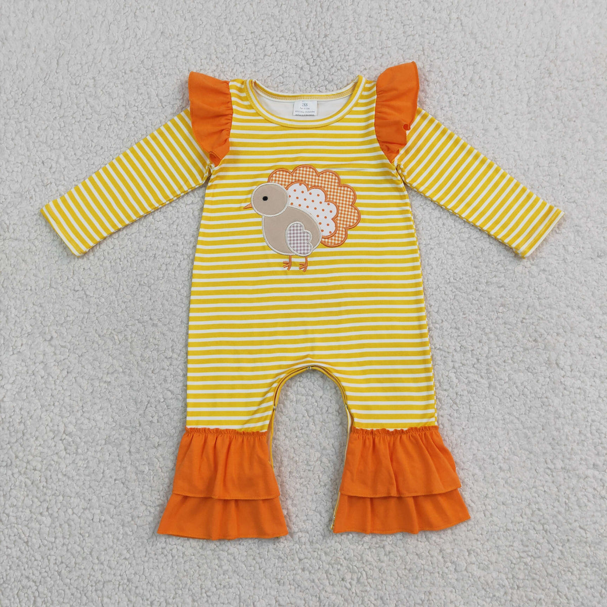 NEW RTS NO MOQ milk silk LR3144 Embroidery Turkey Baby Girls Orange Stripe Thanksgivings Ruffle Pant Rompers