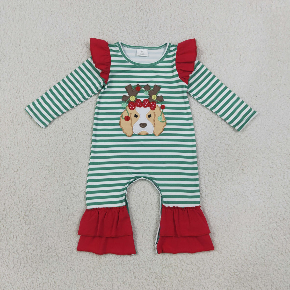 NEW RTS NO MOQ milk silk LR3145 Embroidery Lights Dog Baby Girls Green Stripe Christmas Ruffle Pant Rompers