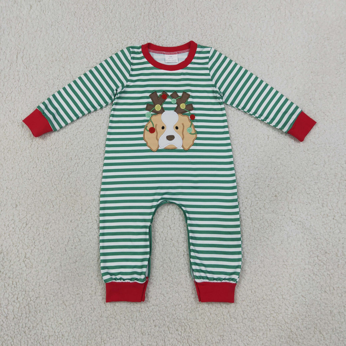 NEW RTS NO MOQ milk silk LR3146 Embroidery Lights Dog Baby Boys Green Stripe Christmas Pant Rompers