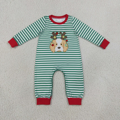 RTS NO MOQ Sibling milk silk Embroidery Lights Dogs Baby Boys And Girls Green Stripe Top Pants Christmas Clothes Sets Rompers