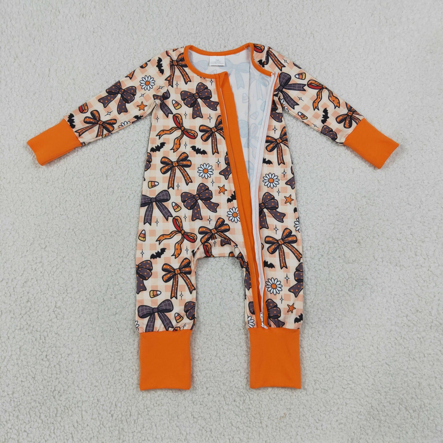 NEW RTS NO MOQ milk silk LR3161 Baby Girls Halloween Bow Floral Print Two Way Zip Front Convertible Romper