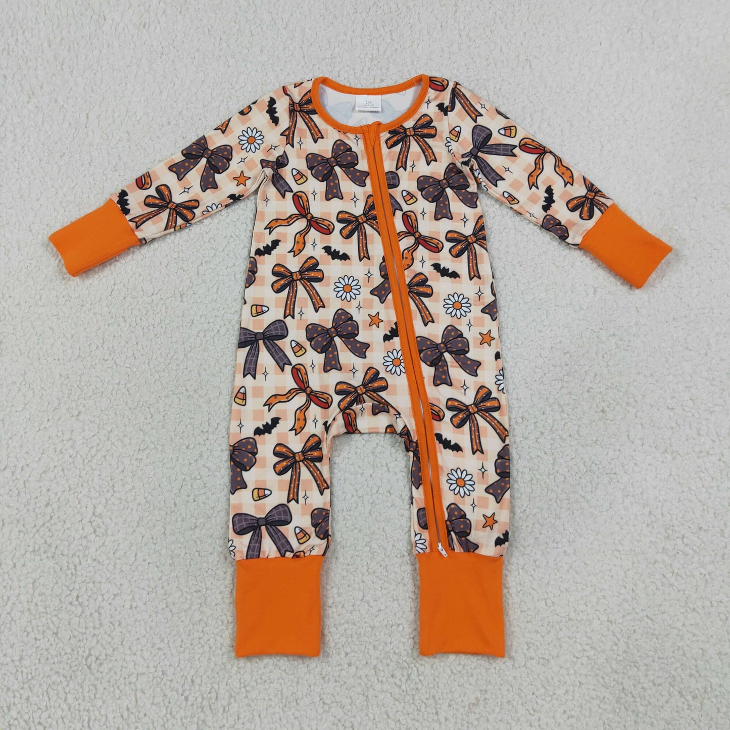 NEW RTS NO MOQ milk silk LR3161 Baby Girls Halloween Bow Floral Print Two Way Zip Front Convertible Romper