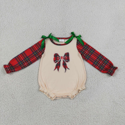 RTS NO MOQ Sibling milk silk Baby Girls Christmas Plaid Bow Embroidered Long Sleeve Top And Bell Bottom Outfit Romper