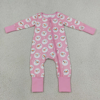 RTS NO MOQ Sibling milk silk Baby Girls Pink Snowmen Christmas Pajamas Sets Zip Romper Blanket