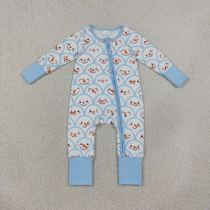 RTS NO MOQ Sibling milk silk Baby Boys Blue Checked Snowmen Christmas Rompers Set