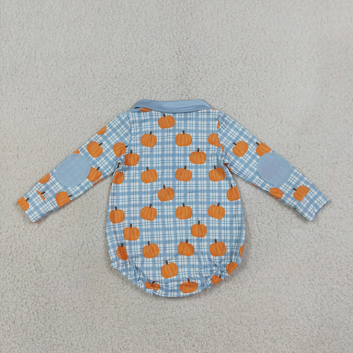 NEW RTS NO MOQ milk silk LR3201 Baby Boys Blue Checked Pumpkins Fall Zip Long Sleeve Rompers