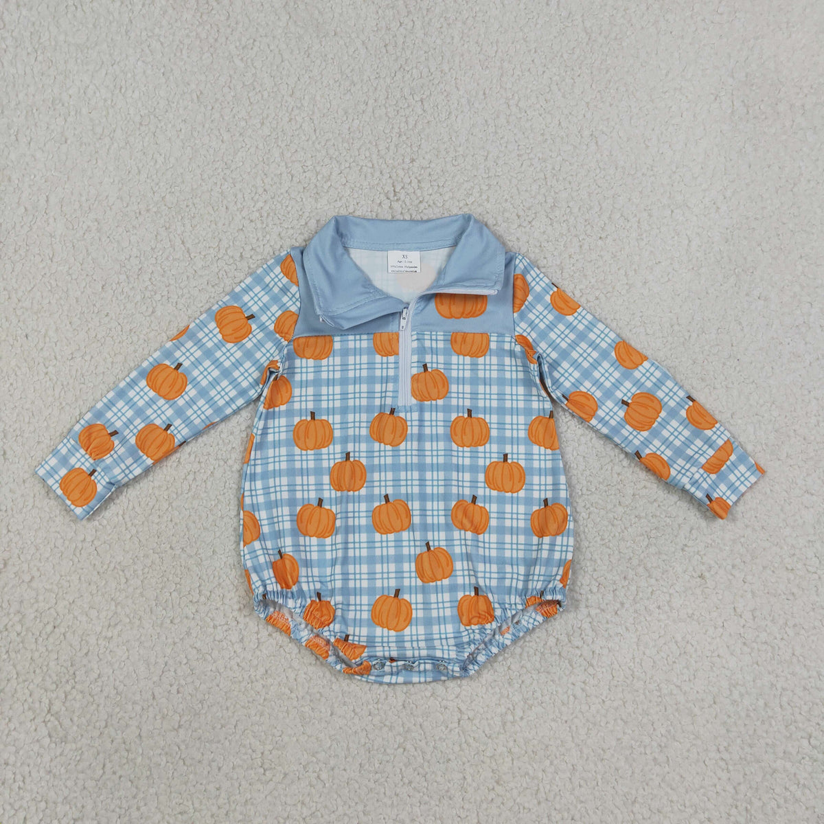 NEW RTS NO MOQ milk silk LR3201 Baby Boys Blue Checked Pumpkins Fall Zip Long Sleeve Rompers