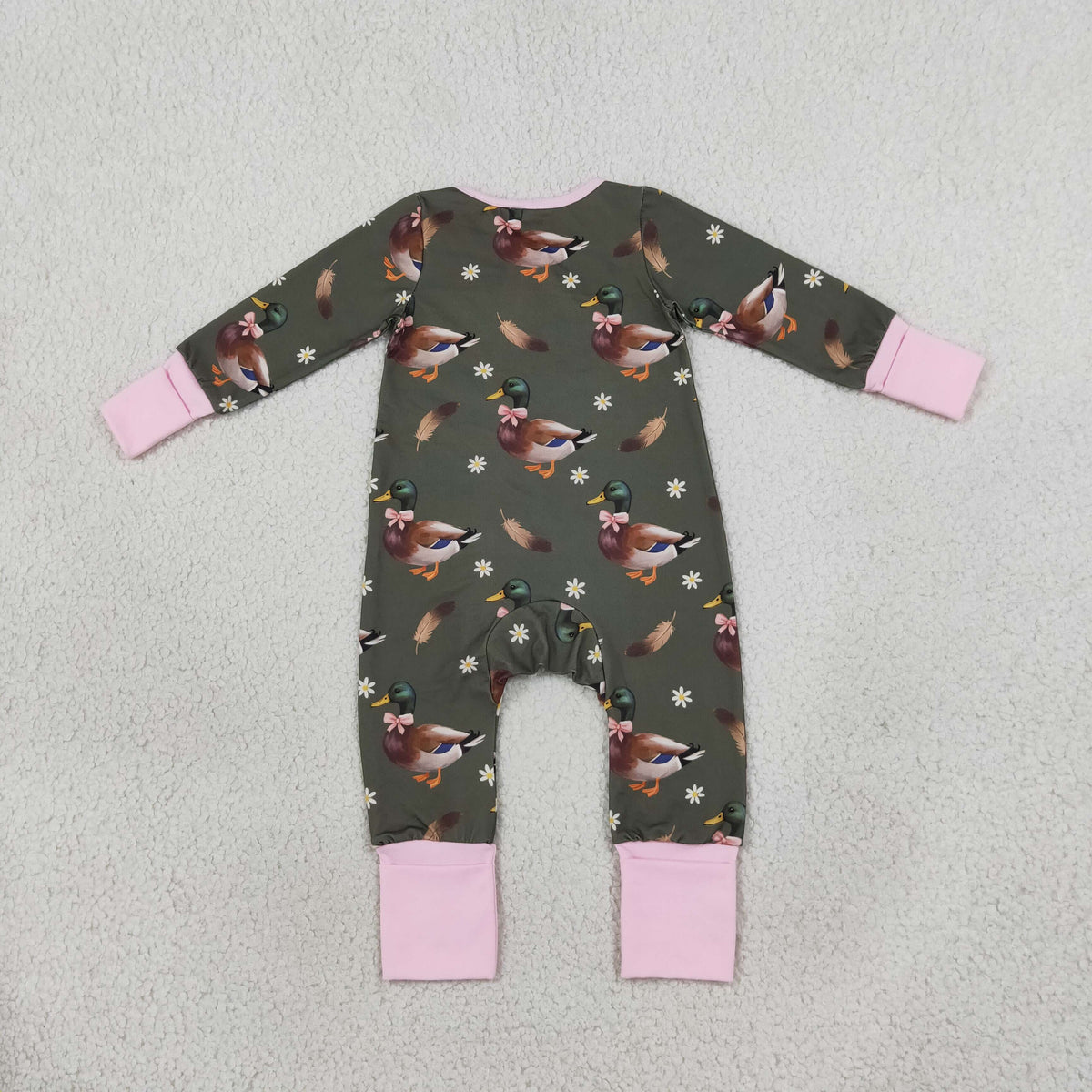 NEW RTS NO MOQ milk silk LR3225 Baby Girls Flowers Ducks Hunting Two Way Zip Convertible Rompers