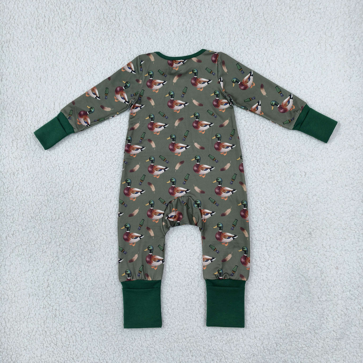 NEW RTS NO MOQ milk silk LR3232 Baby Boys Green Ducks Calls Hunting Two Way Zip Convertible Romper