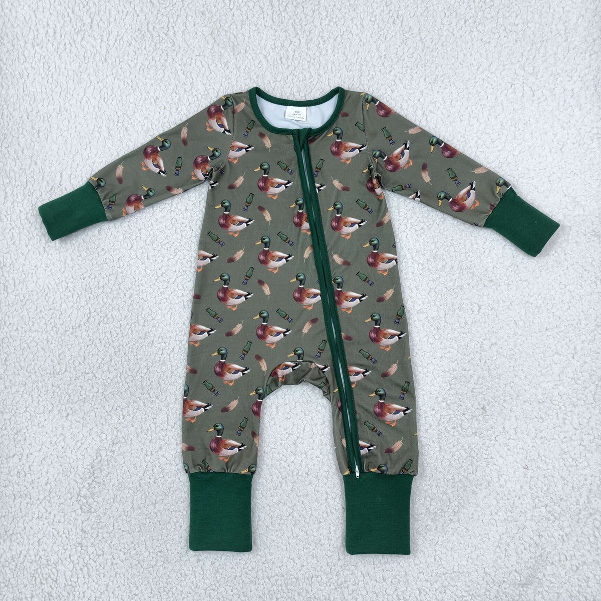 NEW RTS NO MOQ milk silk LR3232 Baby Boys Green Ducks Calls Hunting Two Way Zip Convertible Romper