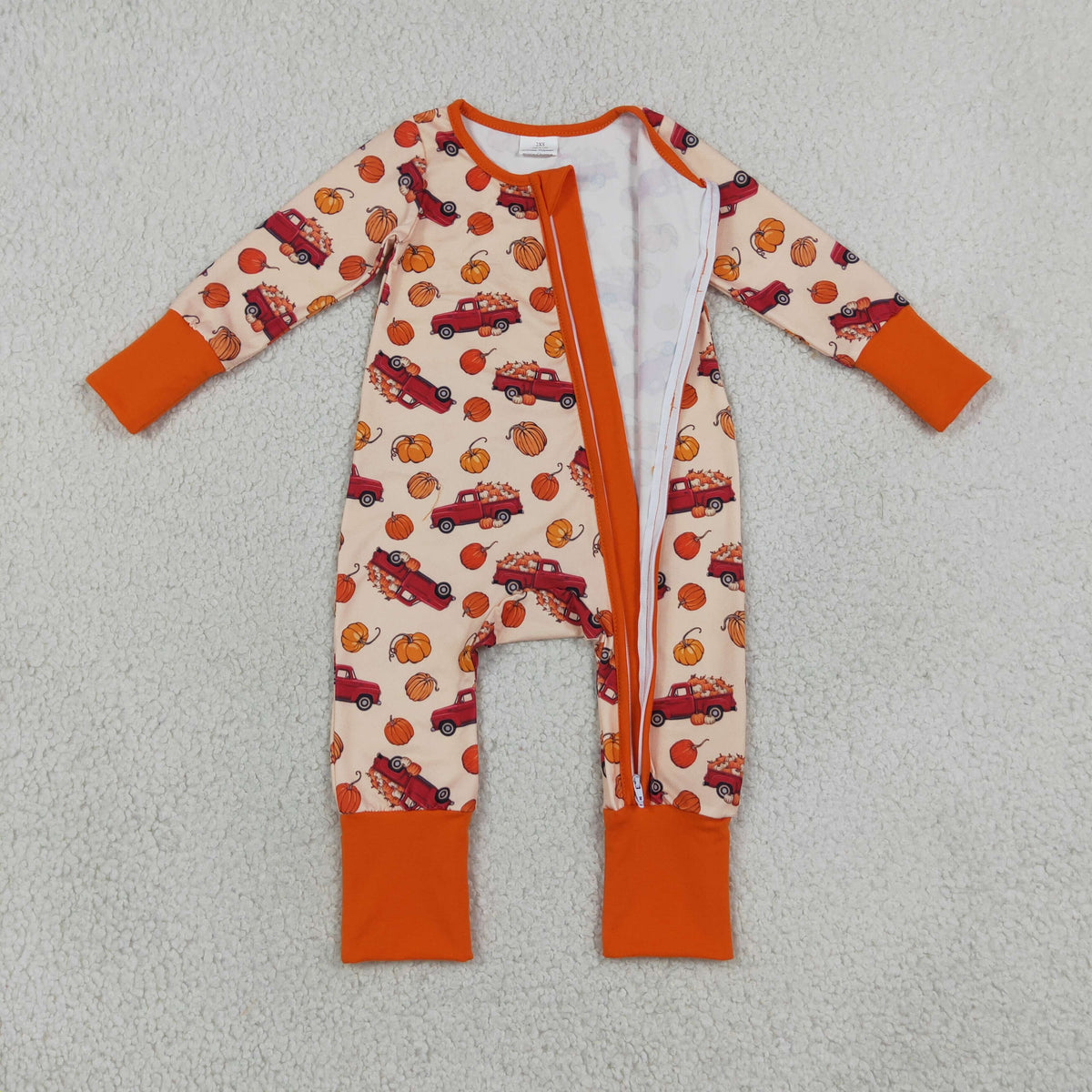 NEW RTS NO MOQ milk silk LR3234 Baby Boys Pumpkins Trucks Fall Two Way Zip Convertible Romper