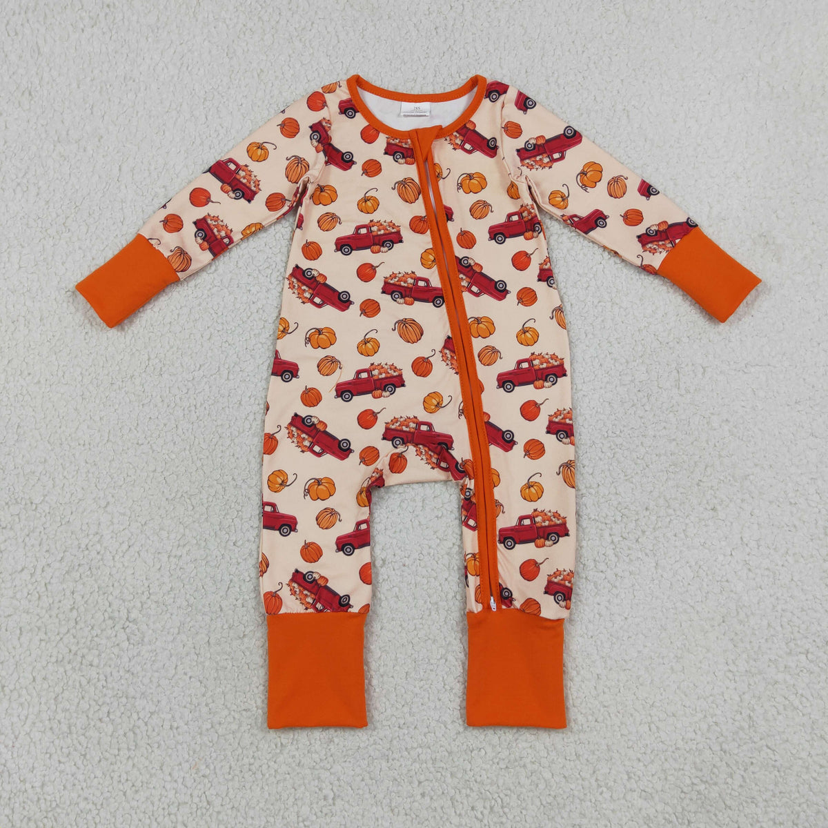 NEW RTS NO MOQ milk silk LR3234 Baby Boys Pumpkins Trucks Fall Two Way Zip Convertible Romper