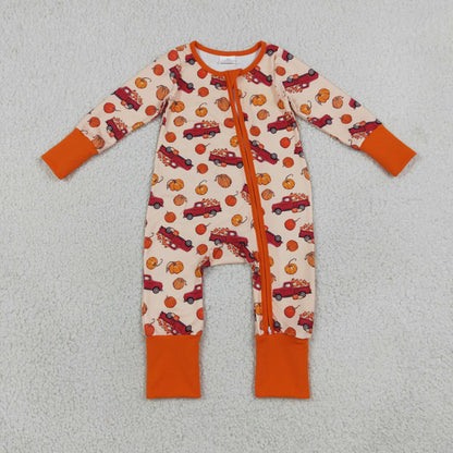 RTS NO MOQ Sibling milk silk Baby Boys Pumpkin Red Truck Print Zipper Romper Pajama Set And Minky Dot Baby Blanket
