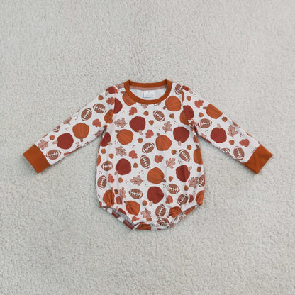 RTS NO MOQ Sibling milk silk Baby Fall Pumpkin Football And Plaid Pumpkin Leaf Long Sleeve Bubble Romper
