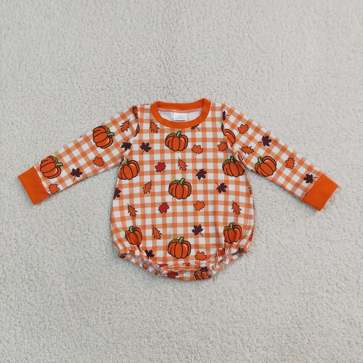 NEW RTS NO MOQ milk silk LR3236 Baby Boys Long Sleeve Orange Checked Pumpkins Leaves Fall Romper