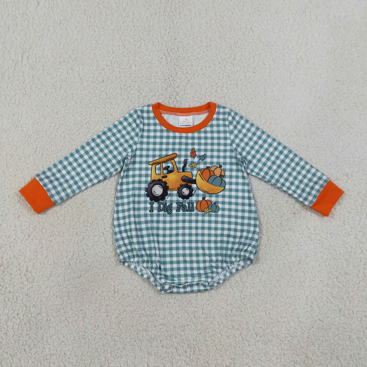 NEW RTS NO MOQ milk silk LR3237 Baby Boys Long Sleeve Green Checked Pumpkins Truck Fall Romper