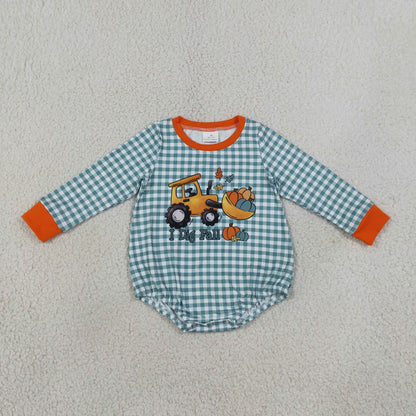 RTS NO MOQ Sibling milk silk Baby Boys Pumpkins Truck Checked Top Pant Fall Set Rompers