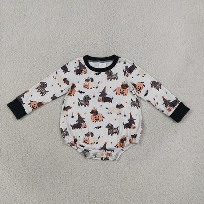 RTS NO MOQ Sibling milk silk Baby Boys Dog Pumpkin Print Long Sleeve Romper And Pajama Set Kids Fall Outfit