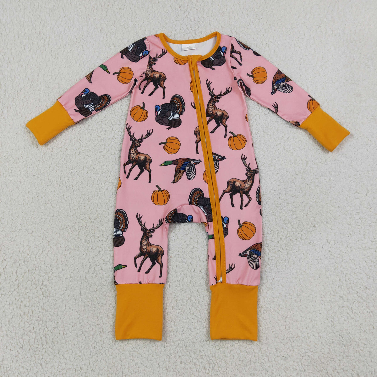 NEW RTS NO MOQ milk silk LR3252 Baby Girls Pumpkins Turkey Ducks Deer Thanksgivings Two Way Zip Convertible Rompers