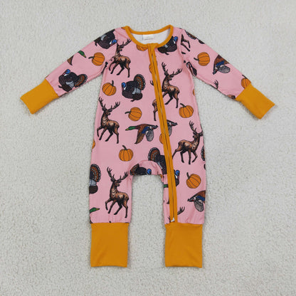 RTS NO MOQ Sibling milk silk Baby Girls Pink Thanksgiving Turkey Deer Pumpkin Print Baby Zipper Romper Kids Pajama Set Blanket