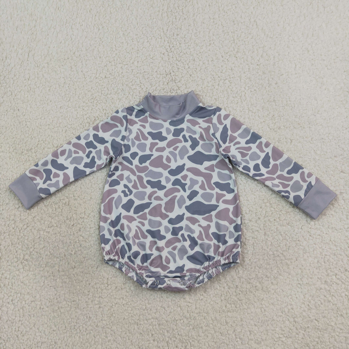 NEW RTS NO MOQ milk silk LR3260 Baby Boys Long Sleeve Light Grey Camo Choker Rompers
