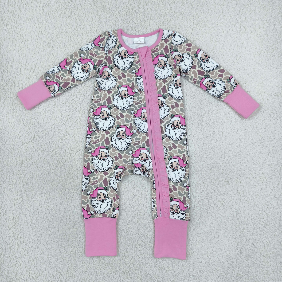 NEW RTS NO MOQ milk silk LR3305 Baby Girls Khaki Camo Santa Christmas Two Way Ruffle Zip Convertible Rompers