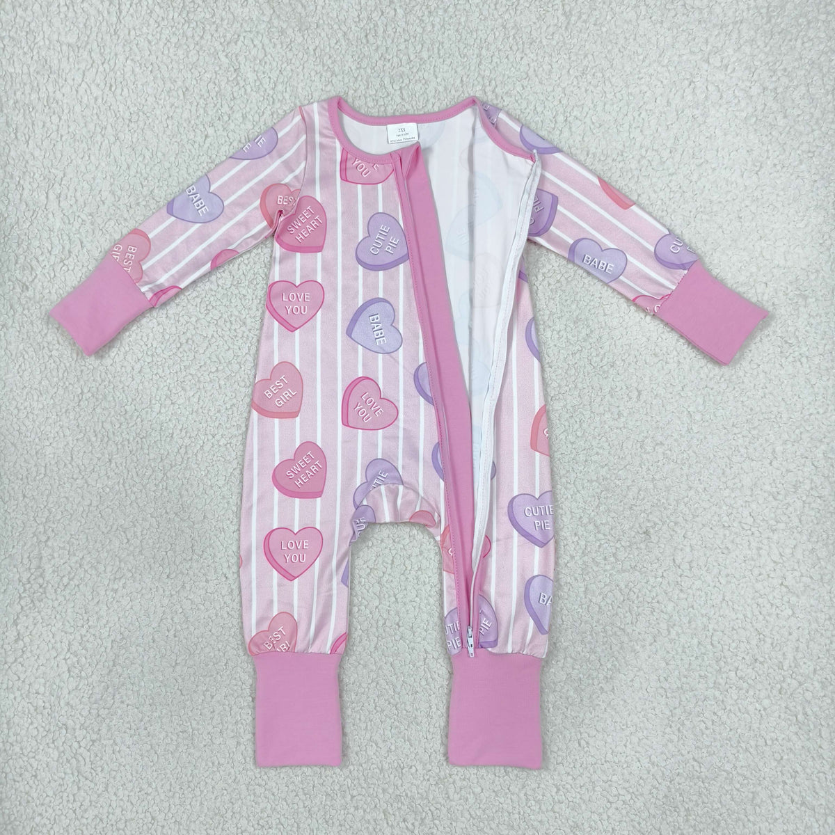 NEW RTS NO MOQ milk silk LR3325 Baby Girls Pink Stripe LOVE YOU Hearts Valentines Two Way Zip Convertible Rompers