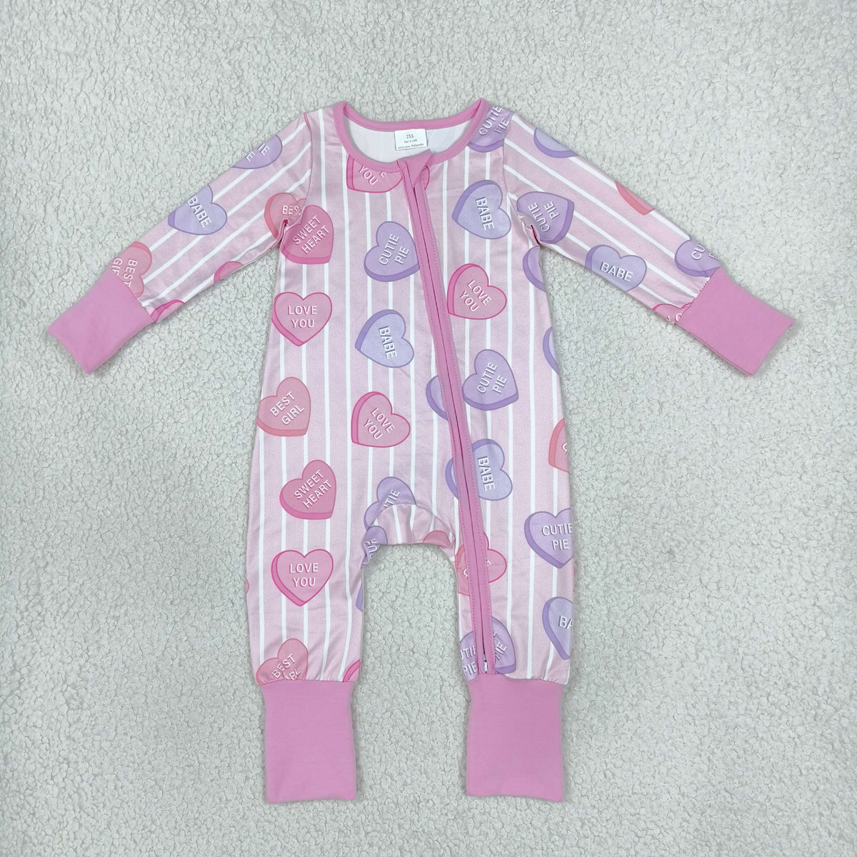 NEW RTS NO MOQ milk silk LR3325 Baby Girls Pink Stripe LOVE YOU Hearts Valentines Two Way Zip Convertible Rompers