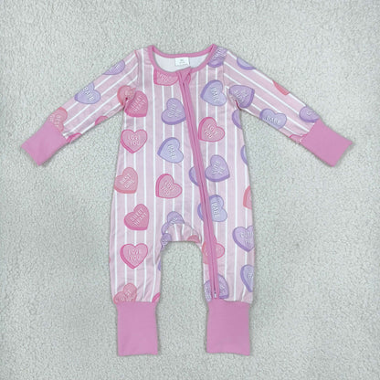 RTS NO MOQ Sibling milk silk Baby Girls And Boys Valentines Day Heart Print Striped Long Sleeve Zip Up Romper