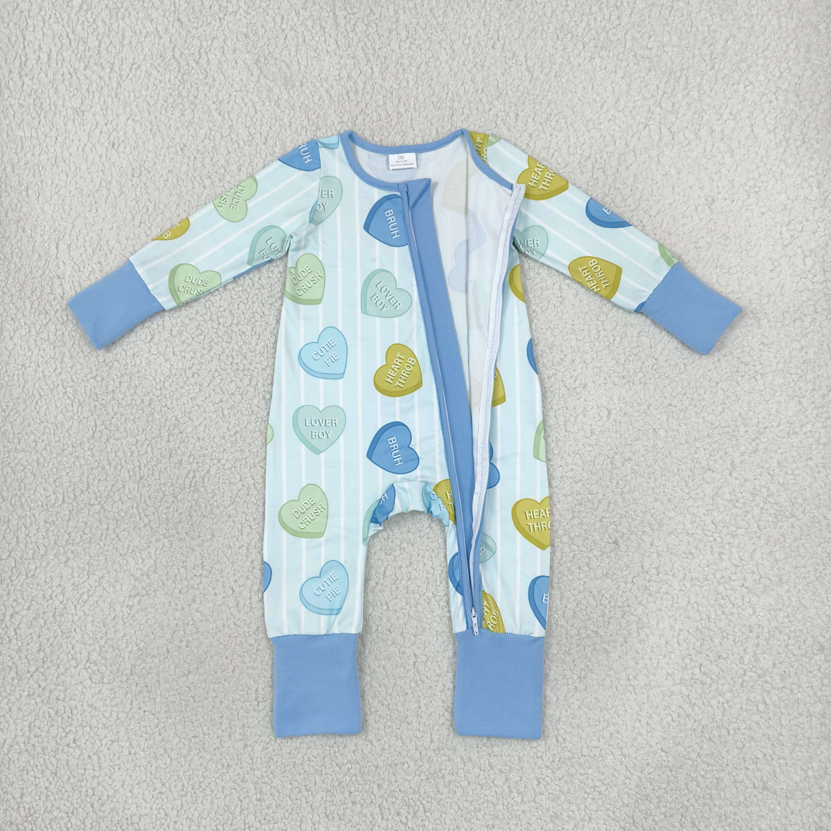 NEW RTS NO MOQ milk silk LR3326 Baby Boys Blue Stripe LOVE YOU Hearts Valentines Two Way Zip Convertible Rompers