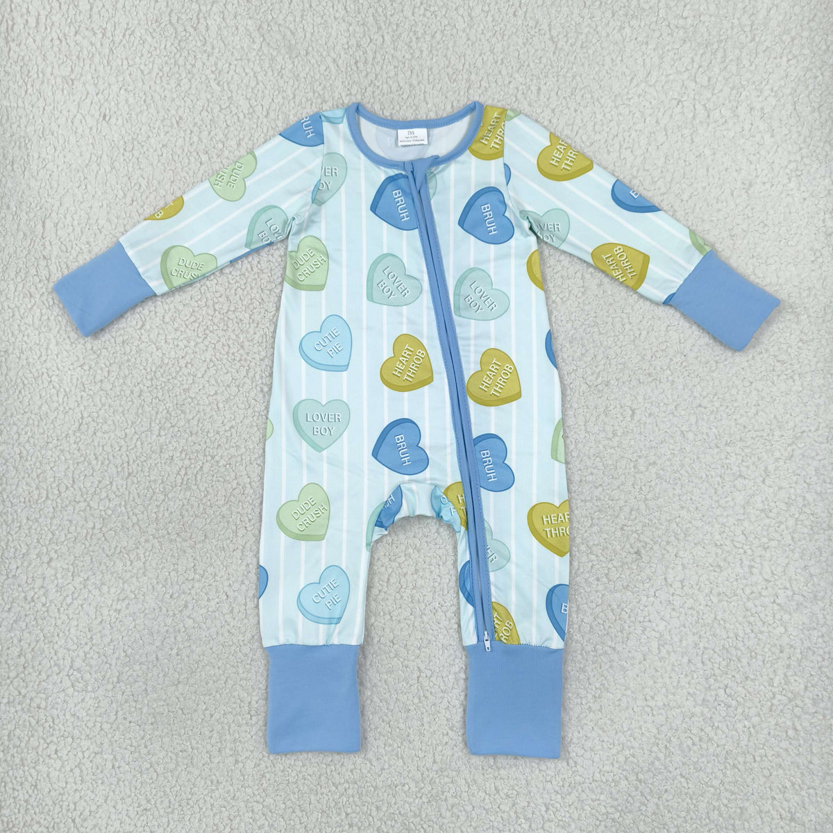 NEW RTS NO MOQ milk silk LR3326 Baby Boys Blue Stripe LOVE YOU Hearts Valentines Two Way Zip Convertible Rompers