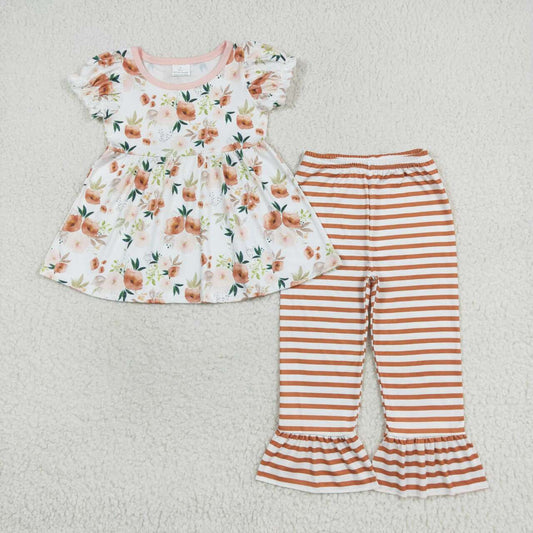 GSPO1570 White short-sleeved floral orange striped trousers suit