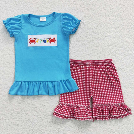 girls sets Embroidered Crab shorts outfits