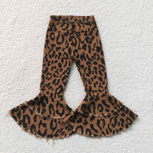 RTS NO MOQ  milk silk P1050 Baby Girls Black Leopard Print Brown Denim Long Pants