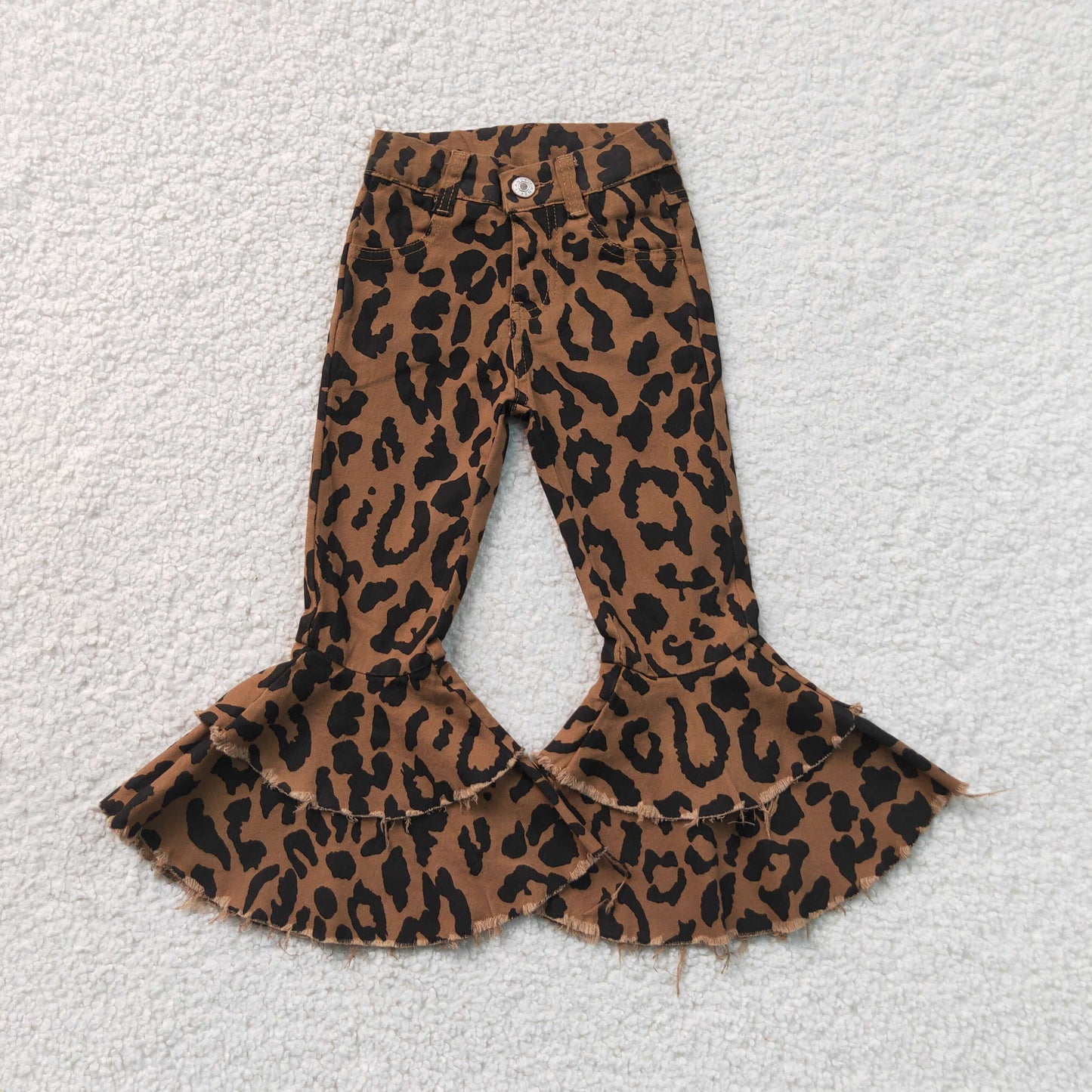 RTS NO MOQ  milk silk P1050 Baby Girls Black Leopard Print Brown Denim Long Pants