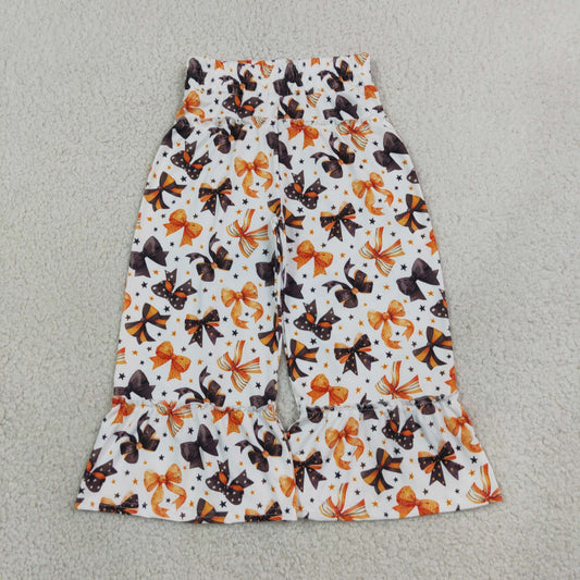 NEW RTS NO MOQ milk silk P1068 Baby Girls Black Orange Bows Stars Halloween Ruffle Flare Pants Bottom