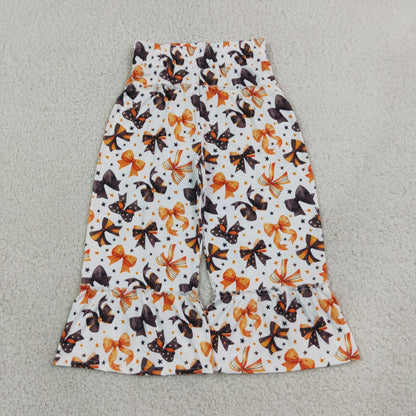 RTS NO MOQ Sibling milk silk Baby Kids Halloween Flare Pants Bow Bat Ghost Pumpkin Leopard Bell Bottom Trousers