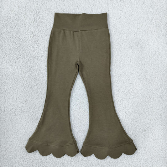 NEW RTS NO MOQ cotton P1080 Baby Girls Olive Scallop Flare Pants Bottom