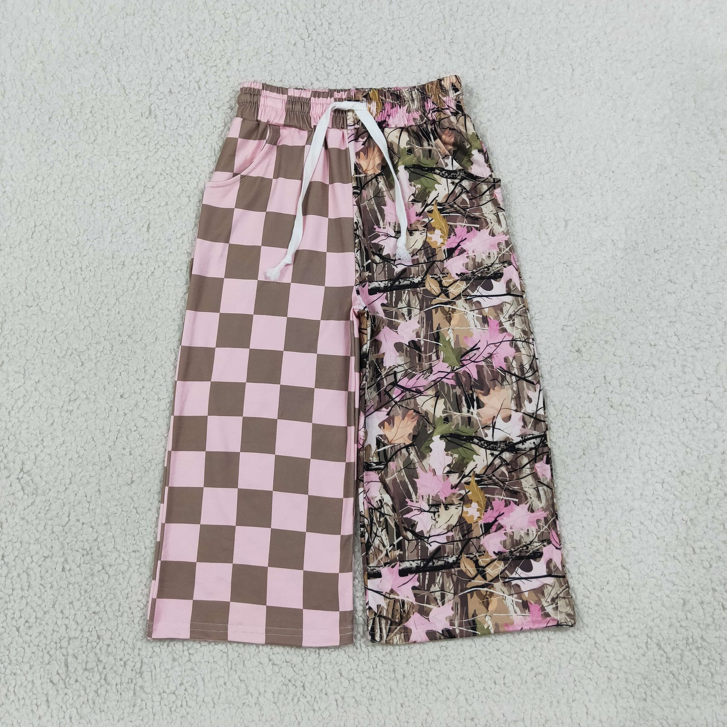NEW RTS NO MOQ milk silk P1093 Baby Girls Pink Checked Leaves Pockets Flare Pants Bottom