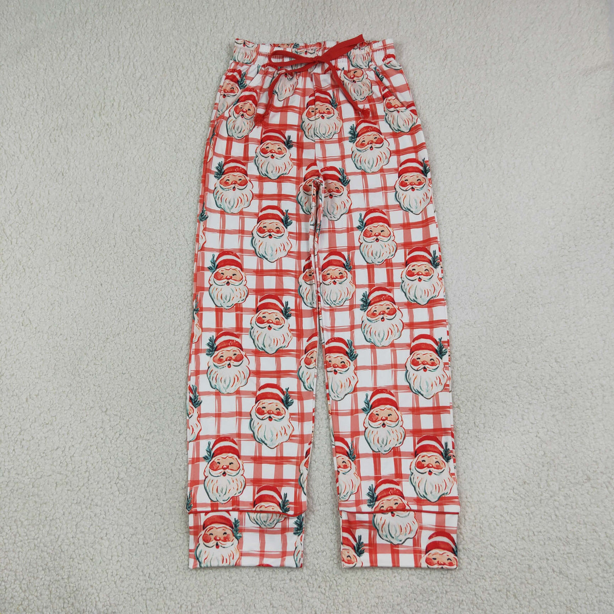 NEW RTS NO MOQ milk silk P1096 Adult Women Red Checked Santa Christmas Pockets Pants Bottom