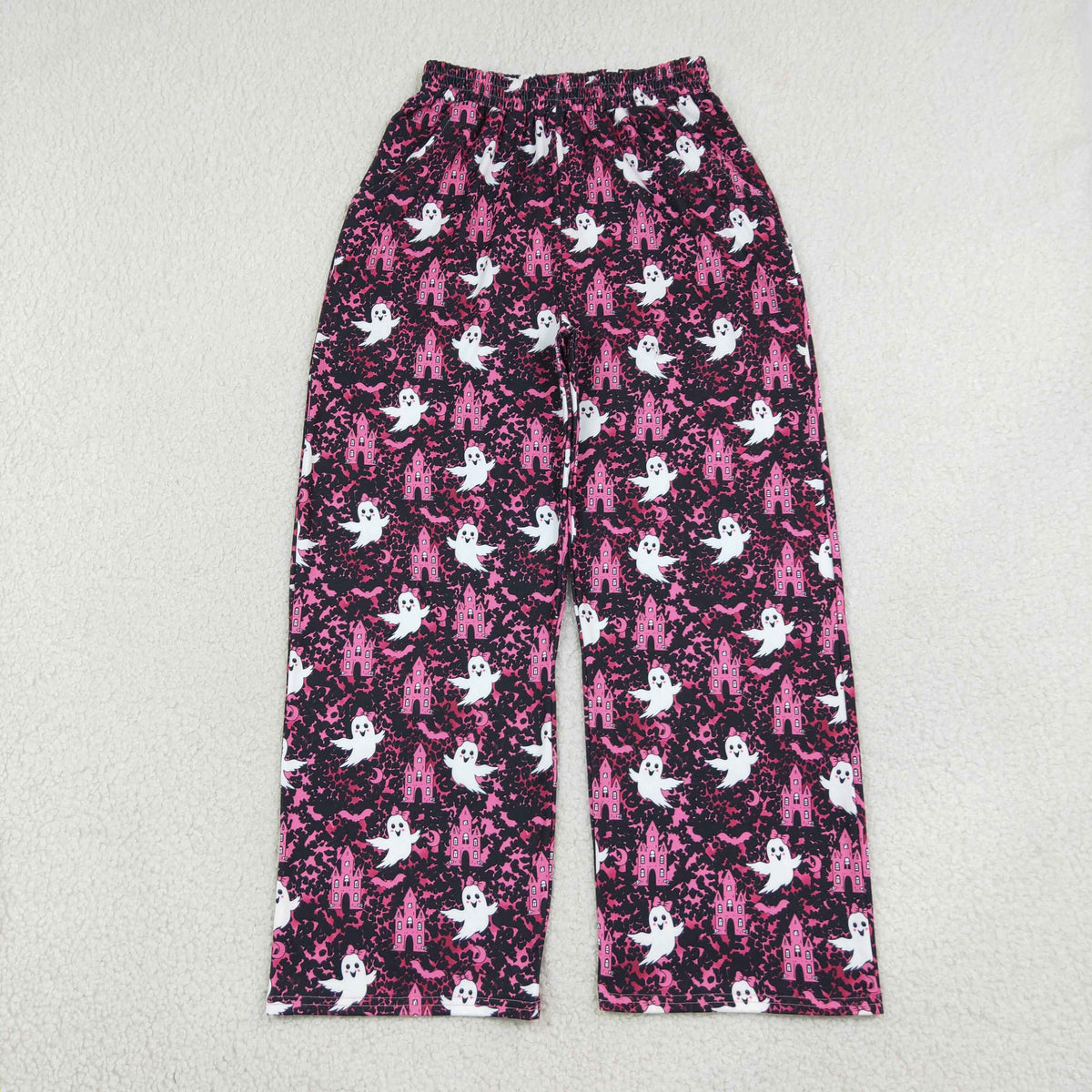 NEW RTS NO MOQ milk silk P1130 Adult Women Ghost Castles Leopard Halloween Pockets Flare Pants Bottom
