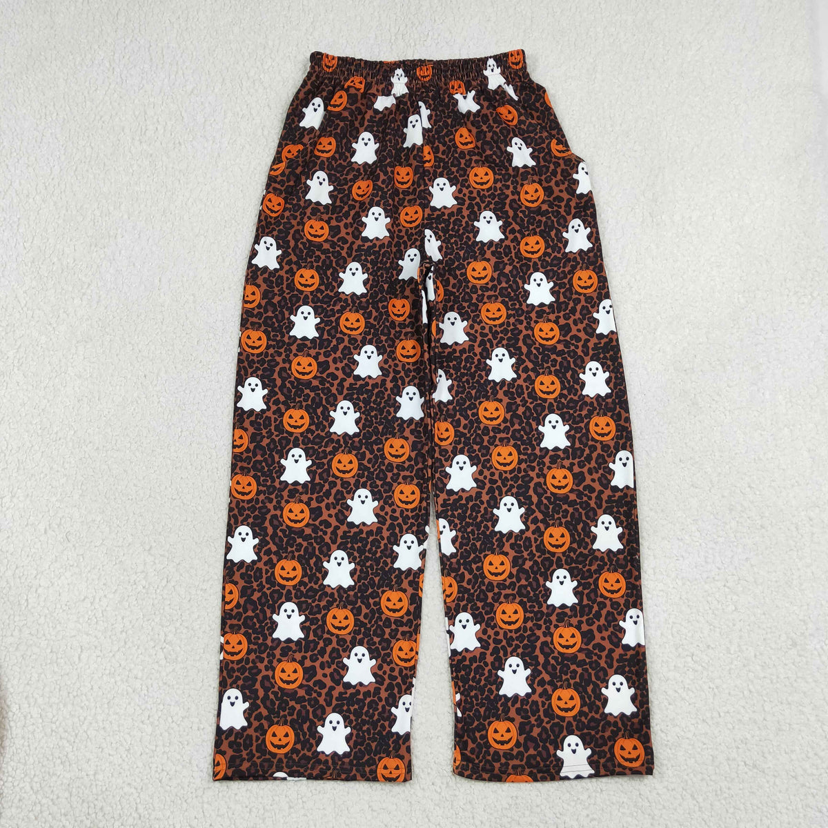 NEW RTS NO MOQ milk silk P1131 Adult Women Ghost Pumpkins Leopard Halloween Pockets Flare Pants Bottom