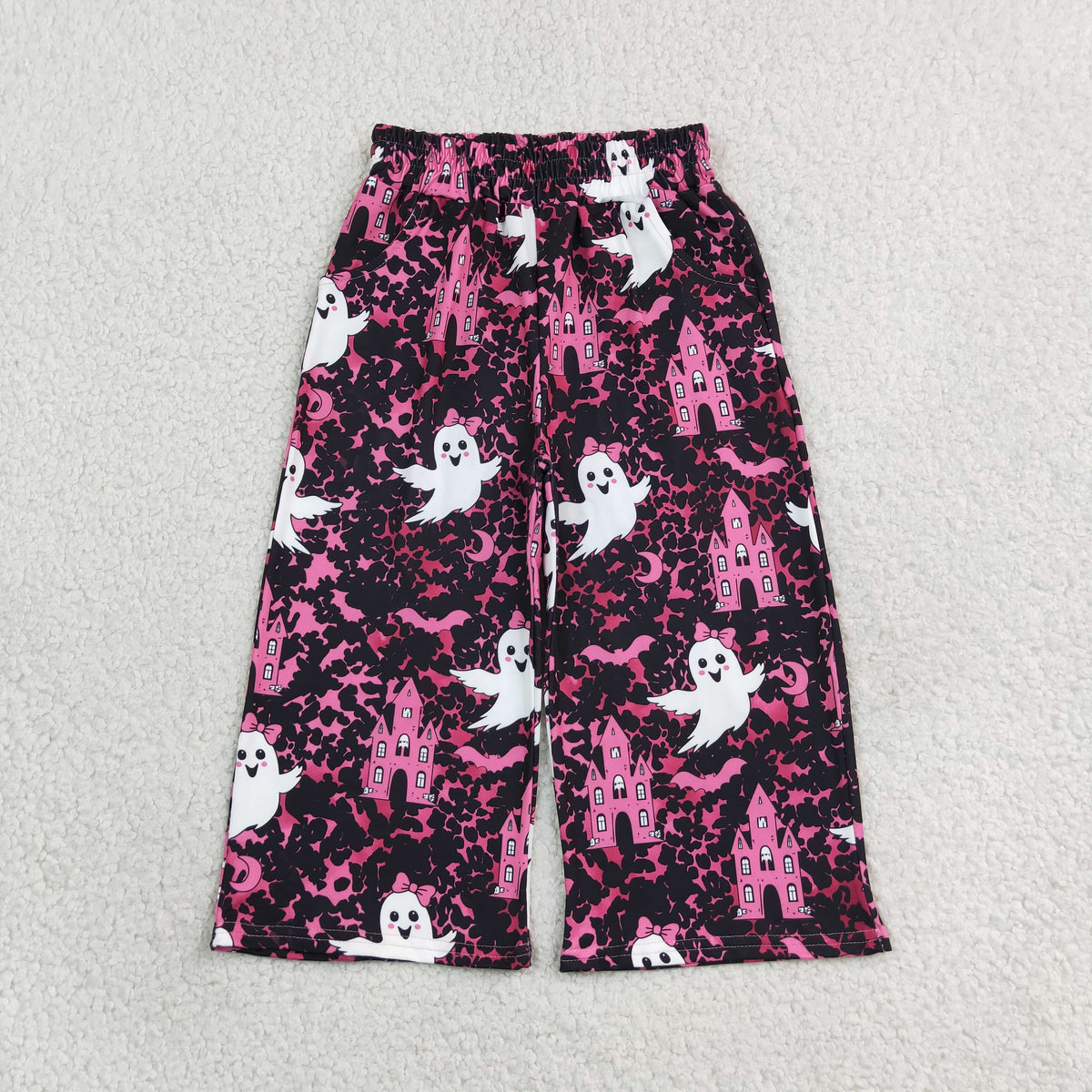 NEW RTS NO MOQ milk silk P1134 Baby Girls Ghosts Castles Bats Halloween Pockets Flare Pants Bottom